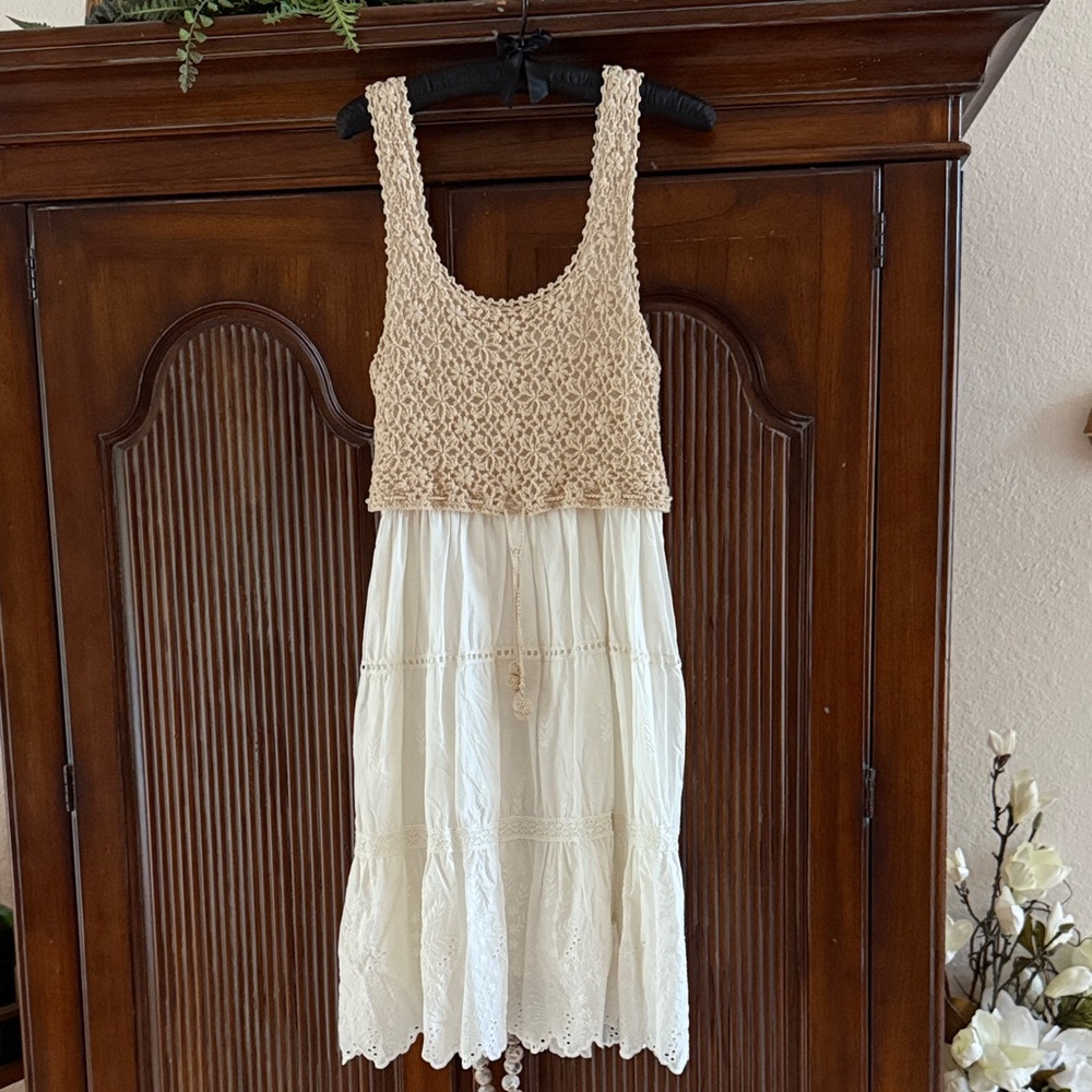 Anthropologie Beige Crochet Bodice Dress